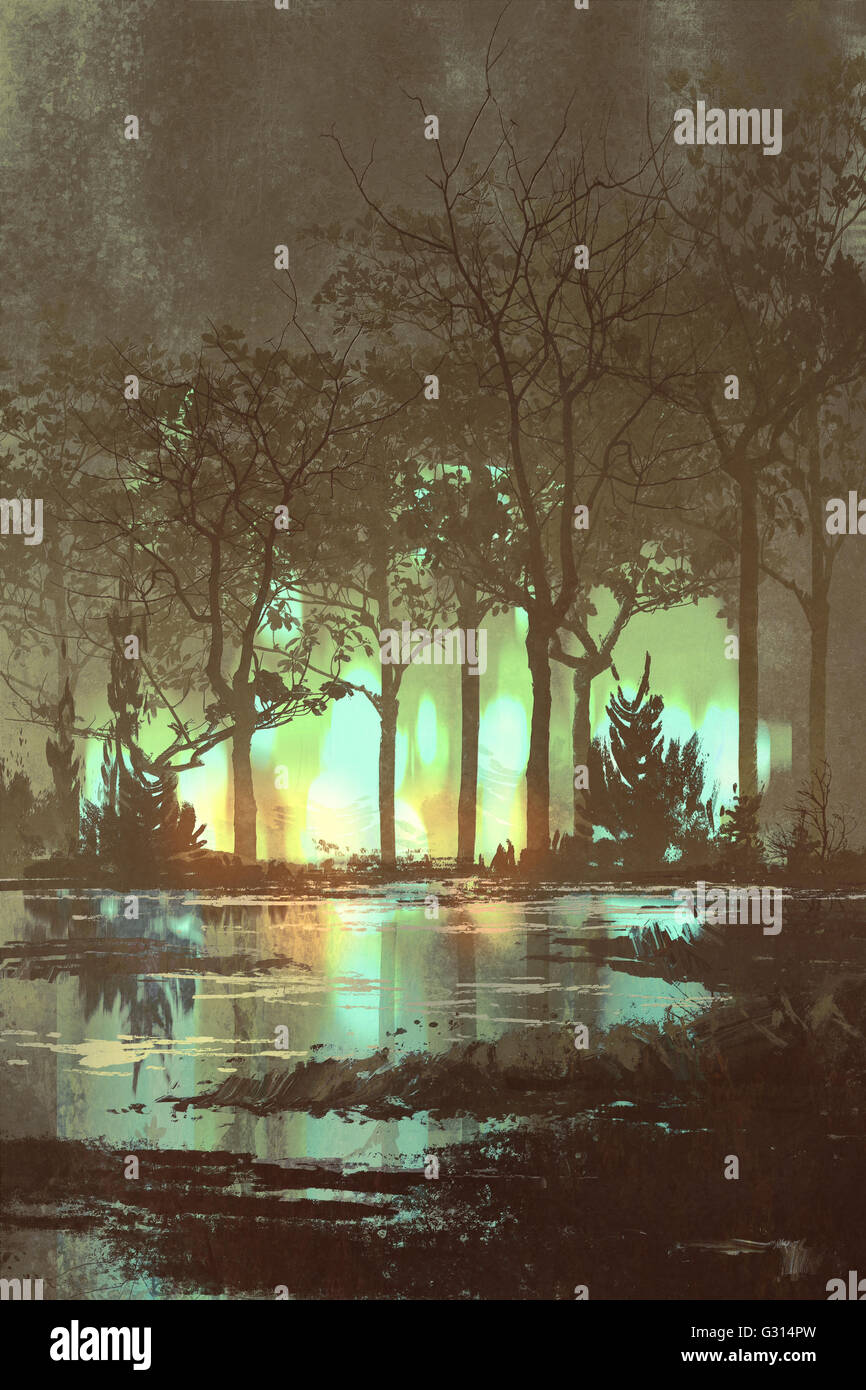 Sombre forêt mystérieuse avec lumière mystique dans la nuit,illustration Banque D'Images