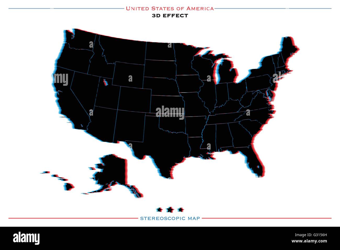Effet stéréoscopique United States of America site isolé. vecteur USA carte politique du territoire géographique. modèle de page trois. Illustration de Vecteur