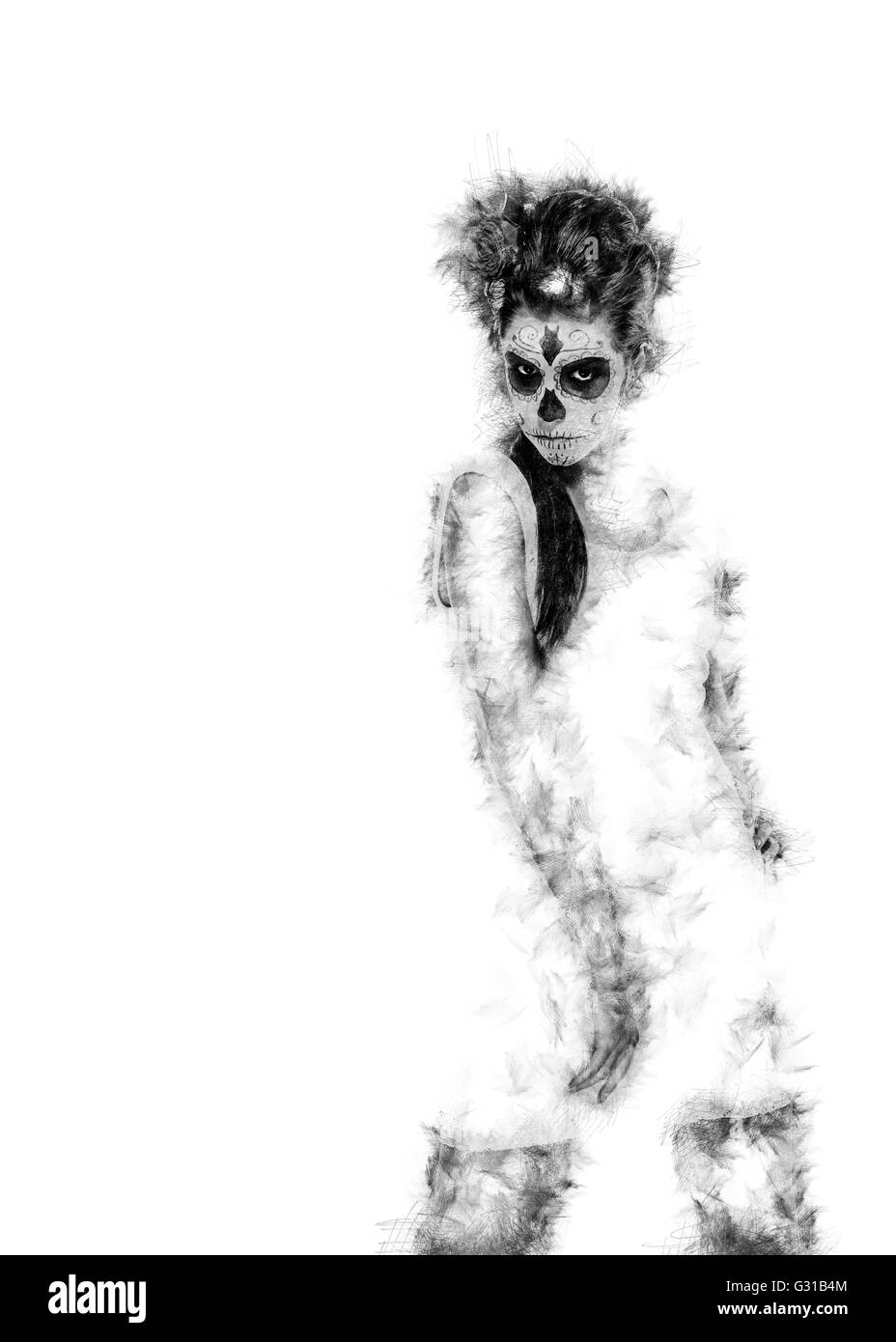 Silhouette d'un jour de la dead girl avec crâne en sucre blanc de maquillage Banque D'Images