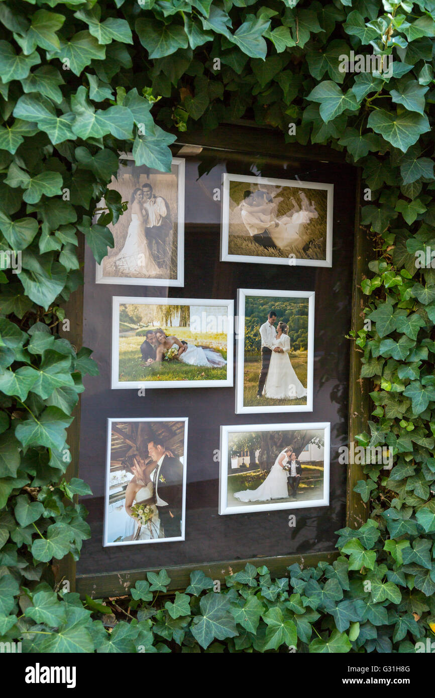 Weissenburg, France, sur les panneaux d'un photographe de mariage avec photos Banque D'Images