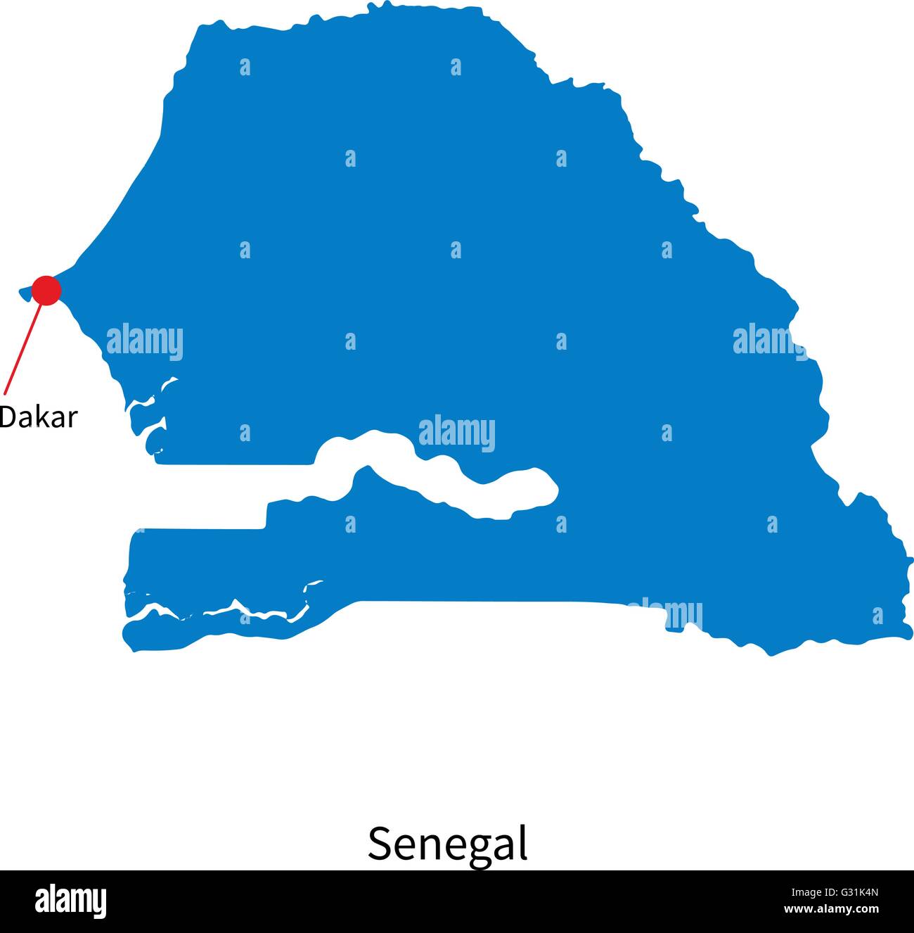 Carte vectorielle détaillée du Sénégal et capitale Dakar Illustration de Vecteur