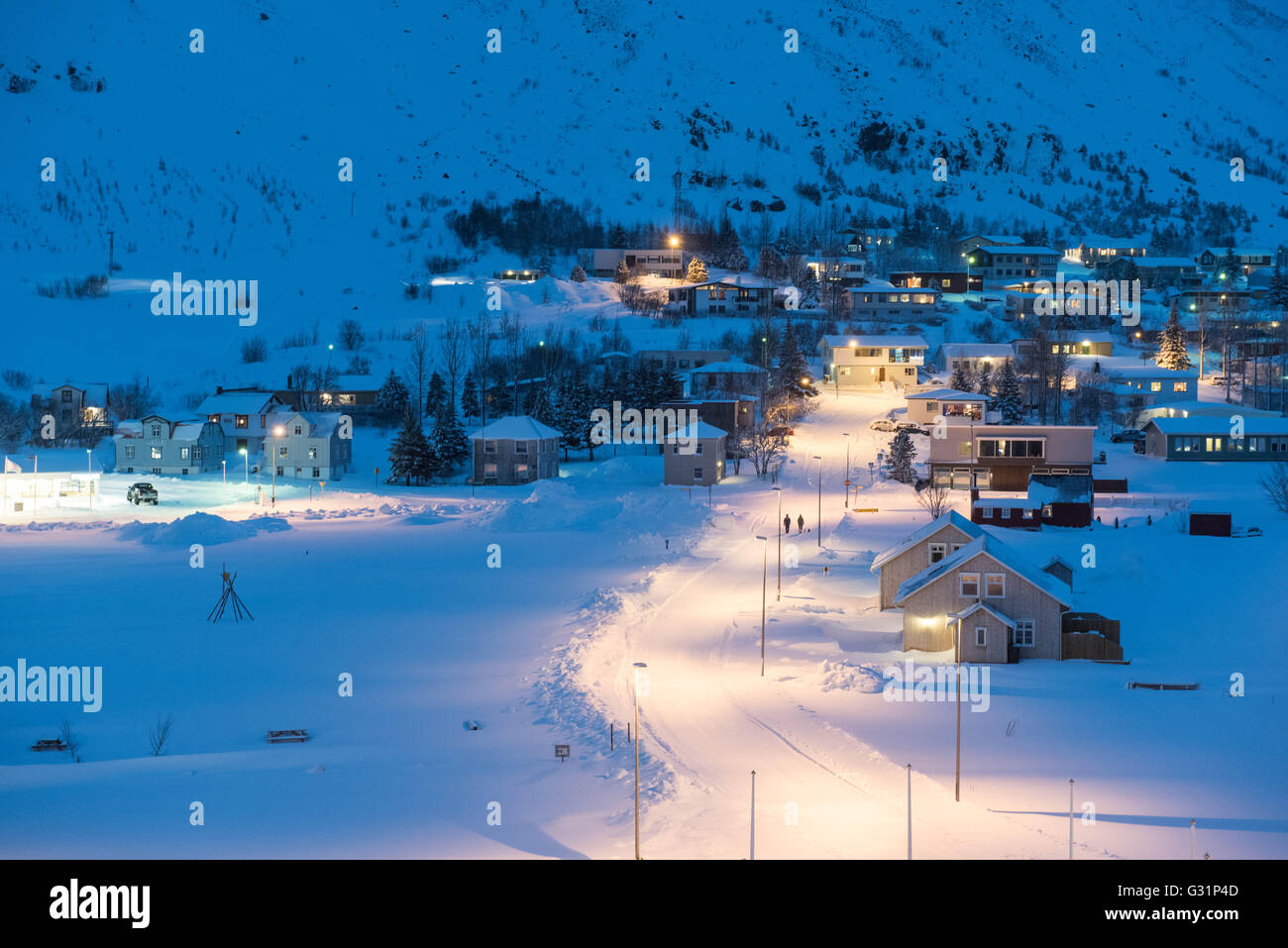 Fjord de l'âtre, l'Islande, les maisons sur le port Banque D'Images