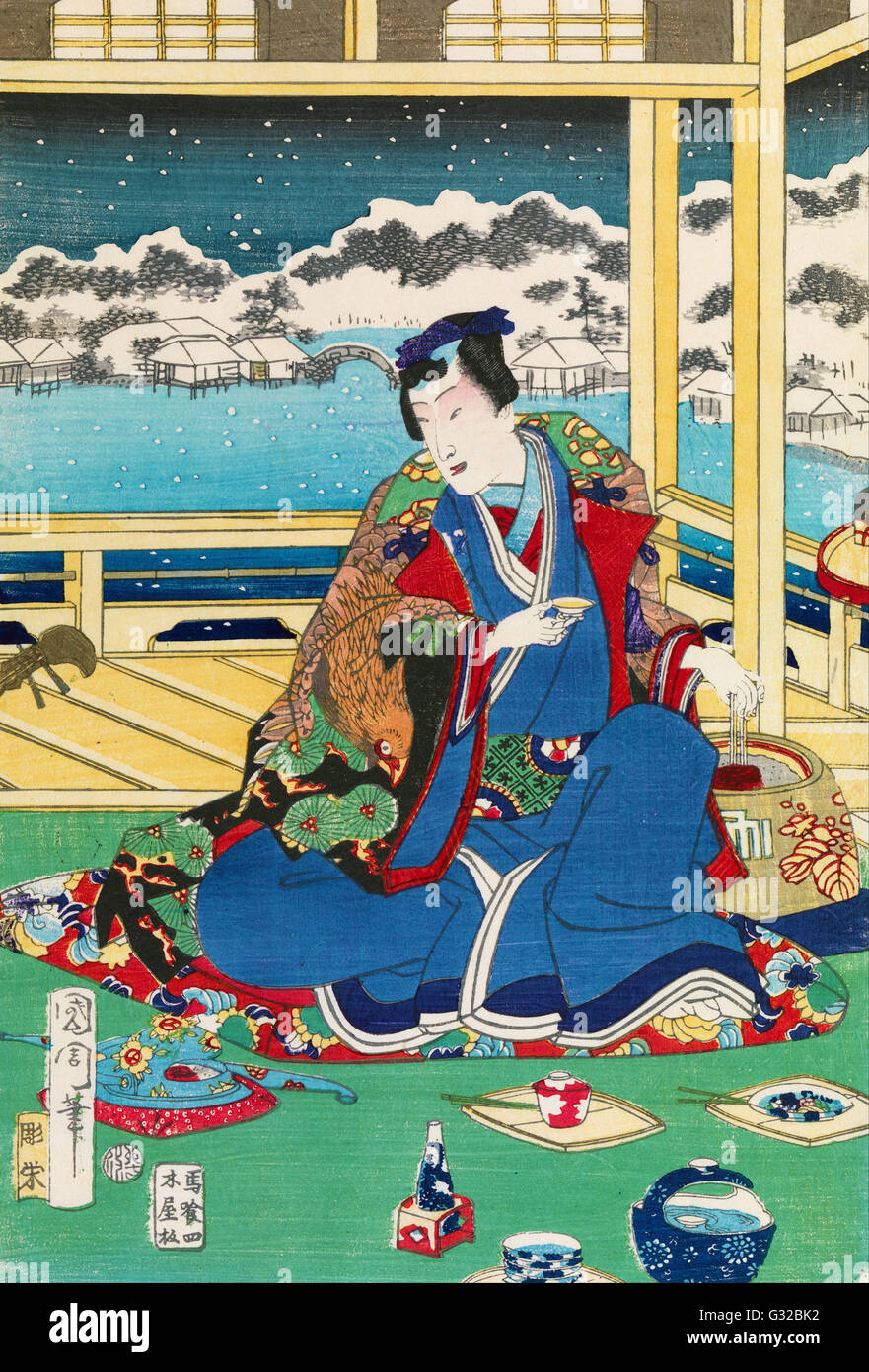 Toyohara Kunichika - Genji Affichage neige sur un balcon - Museum Victoria, Australie Carlton Banque D'Images