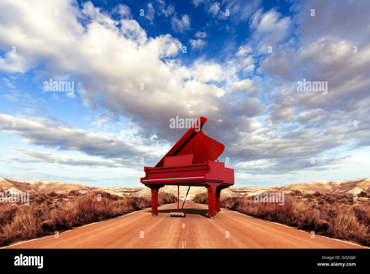 Music concept.Décors et piano sur la route Banque D'Images