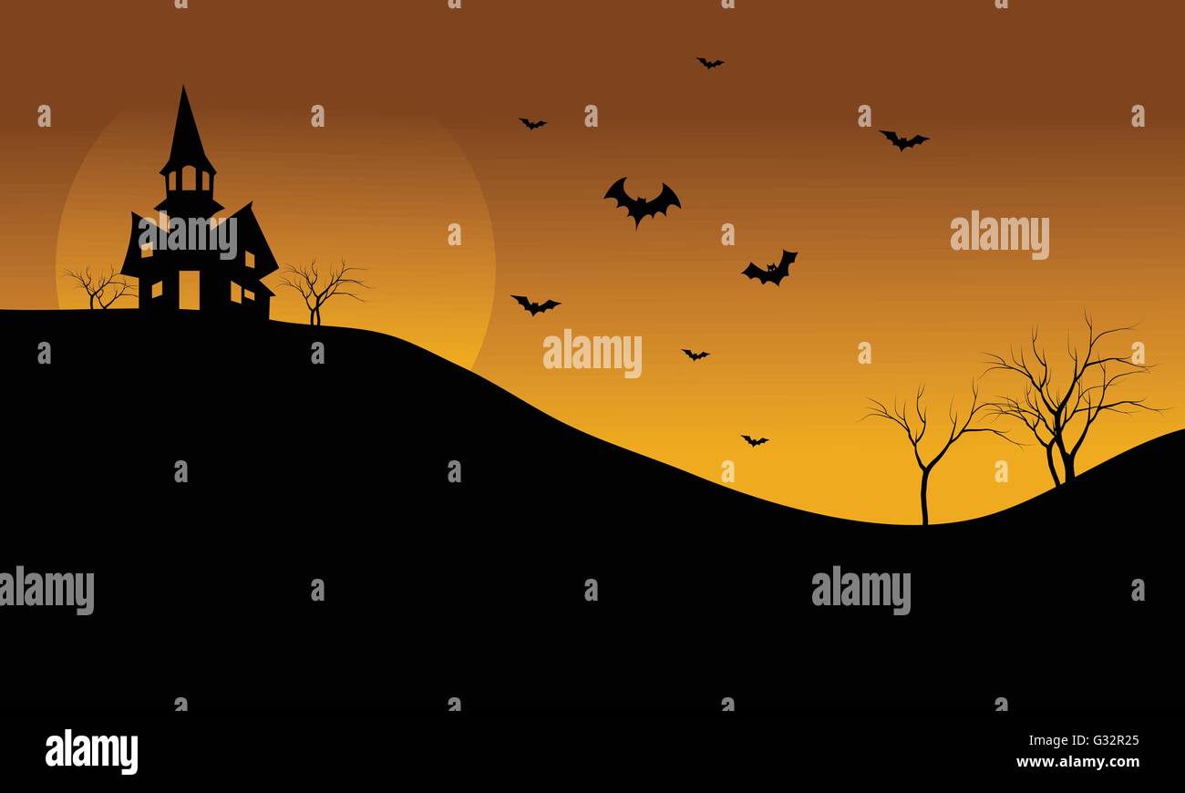 Château d'Halloween et bat à silhouette de l'après-midi Illustration de Vecteur