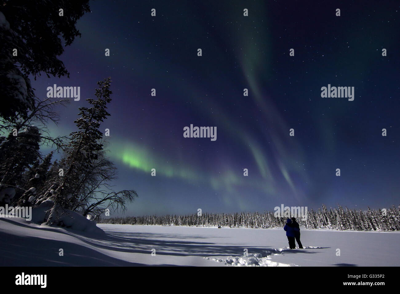 ?K skero, en Finlande, les gens cherchent les aurora sur un paysage d'hiver dans la nuit Banque D'Images