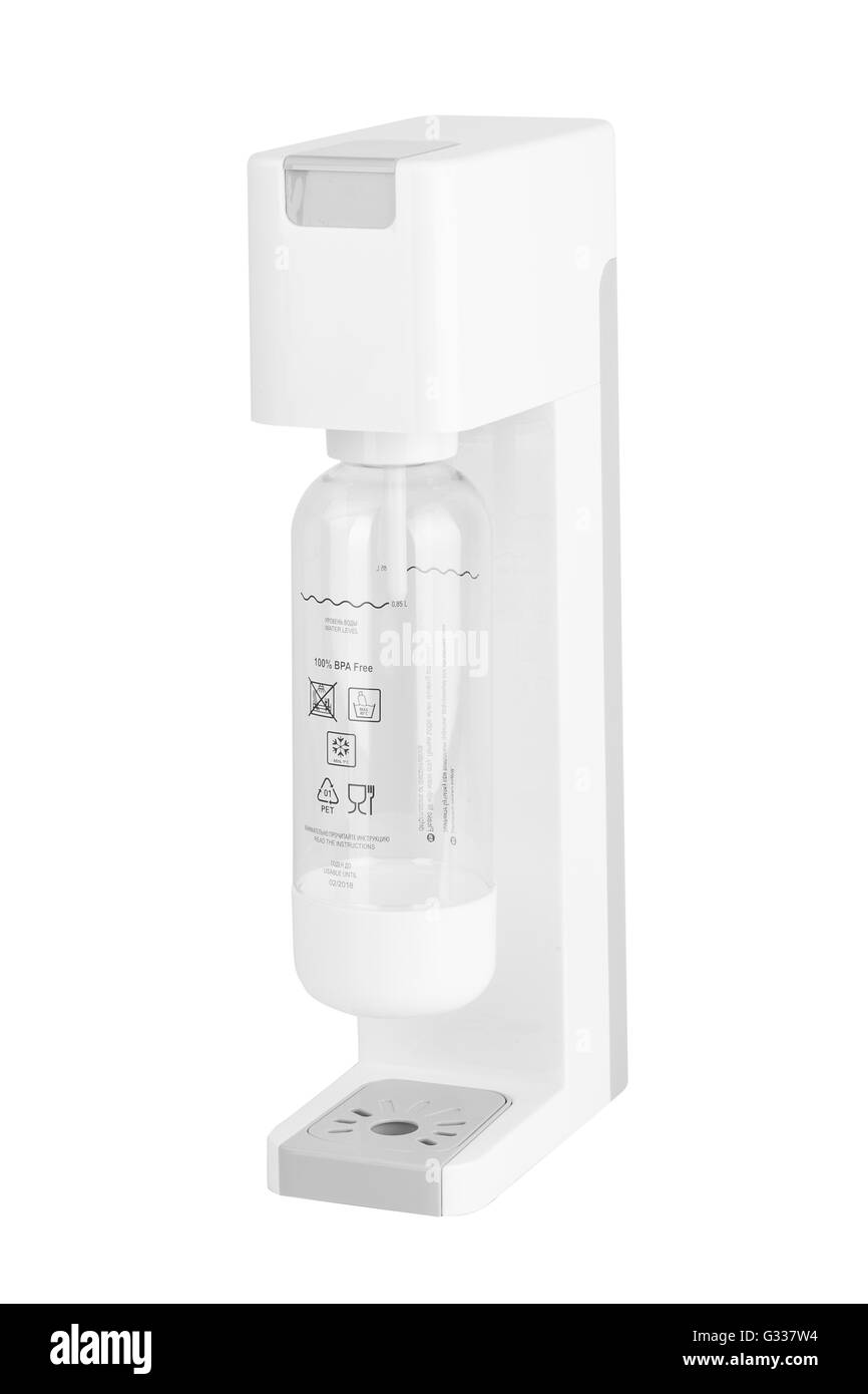 Soda sifon ou Seltzer bottle. Vue de côté. Isolé sur fond blanc. Banque D'Images