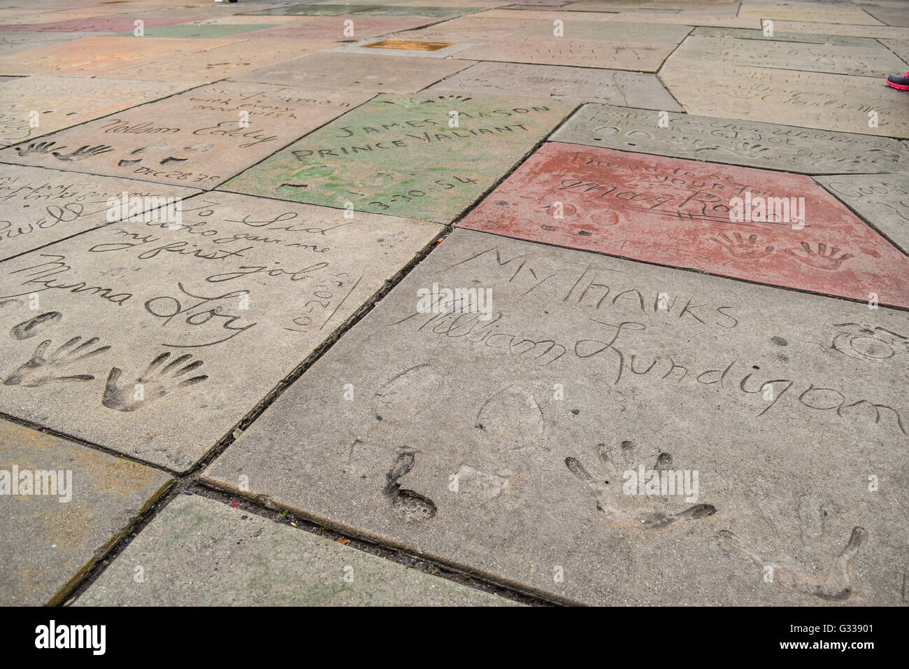 Handprint, et, Signature ,Chinois, TCL, théâtre, acteur, de l'Amérique, de l'attraction, boulevard, Californie, Celebrity, ciment, chinois, Banque D'Images