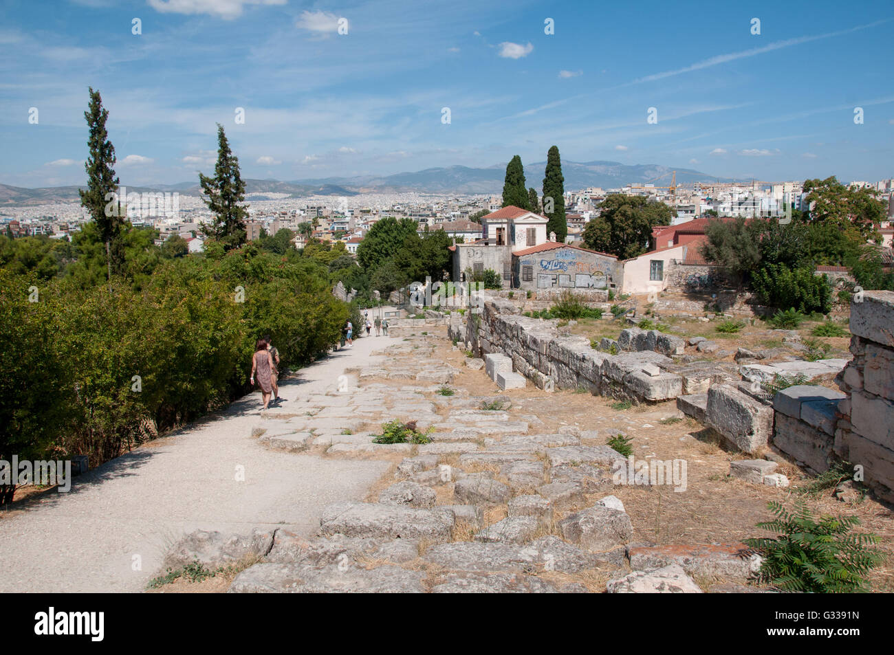Vue panoramique de la ville d'Athènes à partir de la colline de l'Acropole en Grèce. Banque D'Images