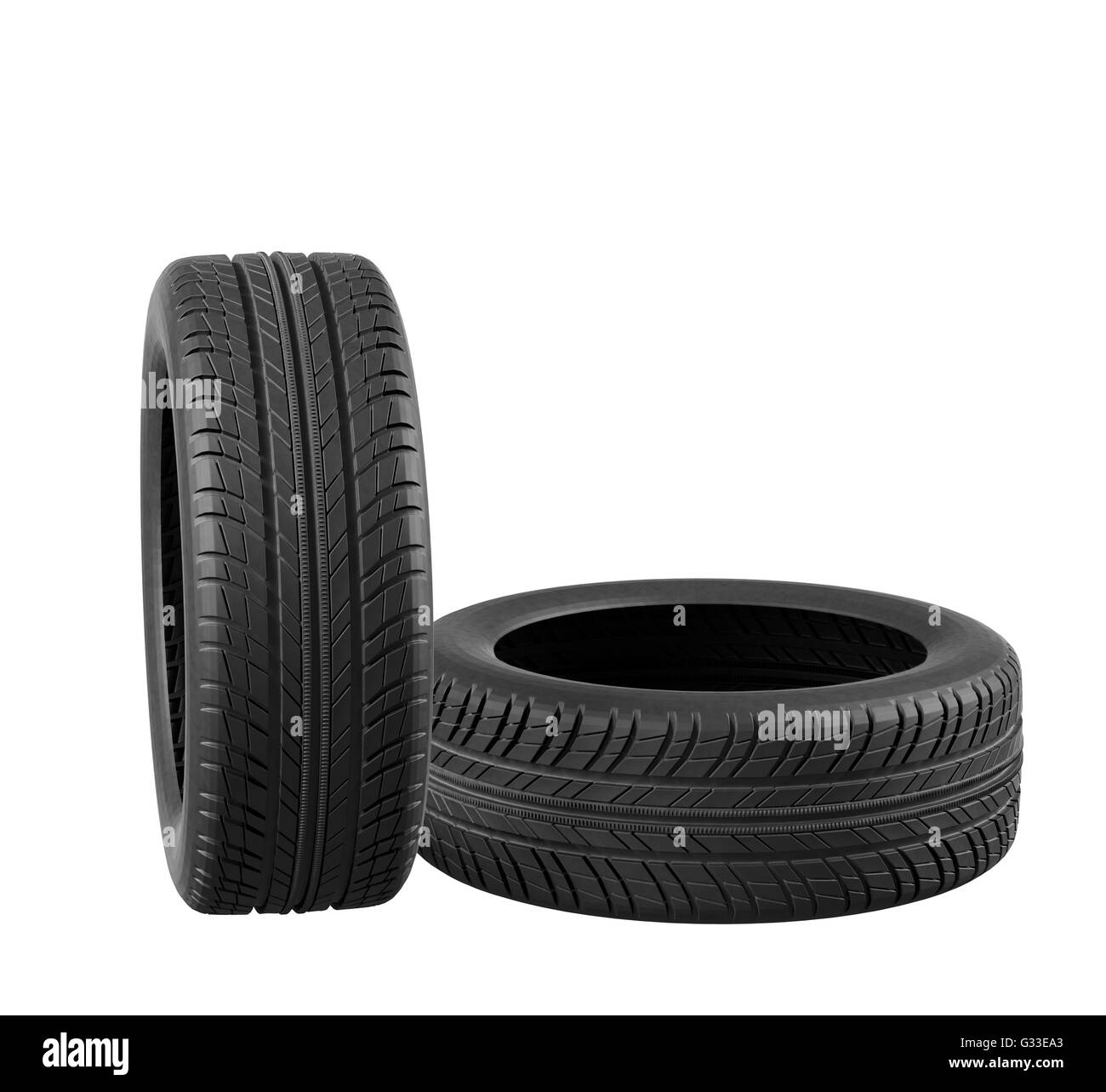 Deux nouveaux pneus auto close up sur fond blanc.  : Chemin de détourage. 3d illustration Banque D'Images
