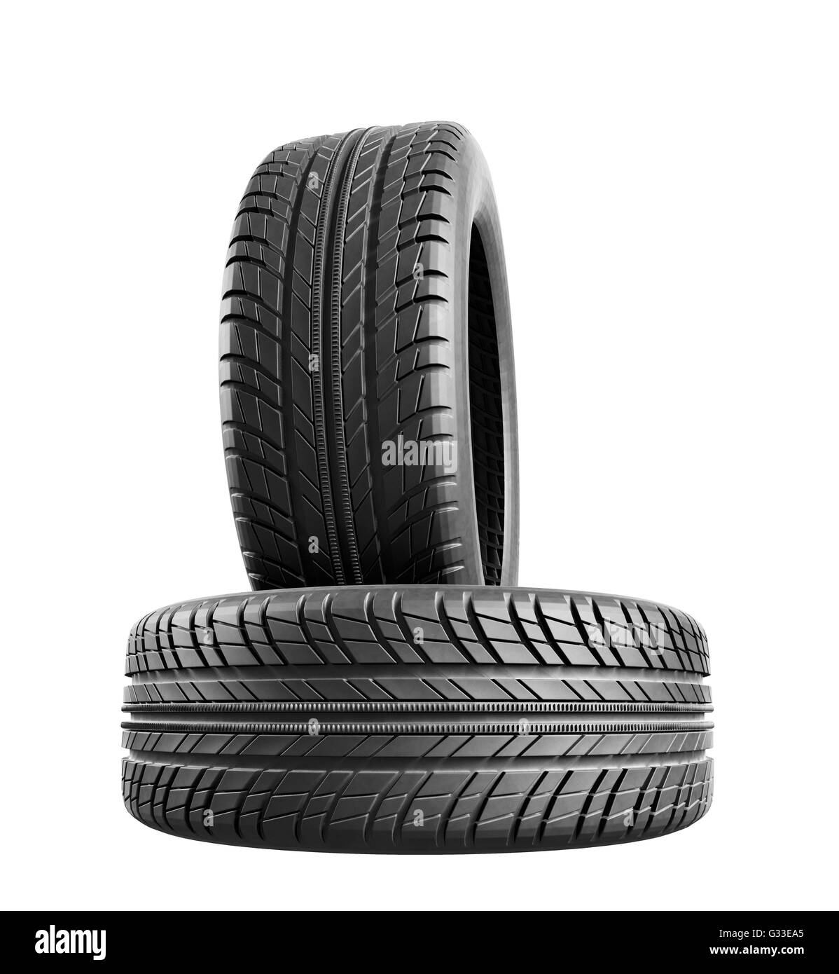 Deux nouveaux pneus auto close up sur fond blanc.  : Chemin de détourage. 3d illustration Banque D'Images