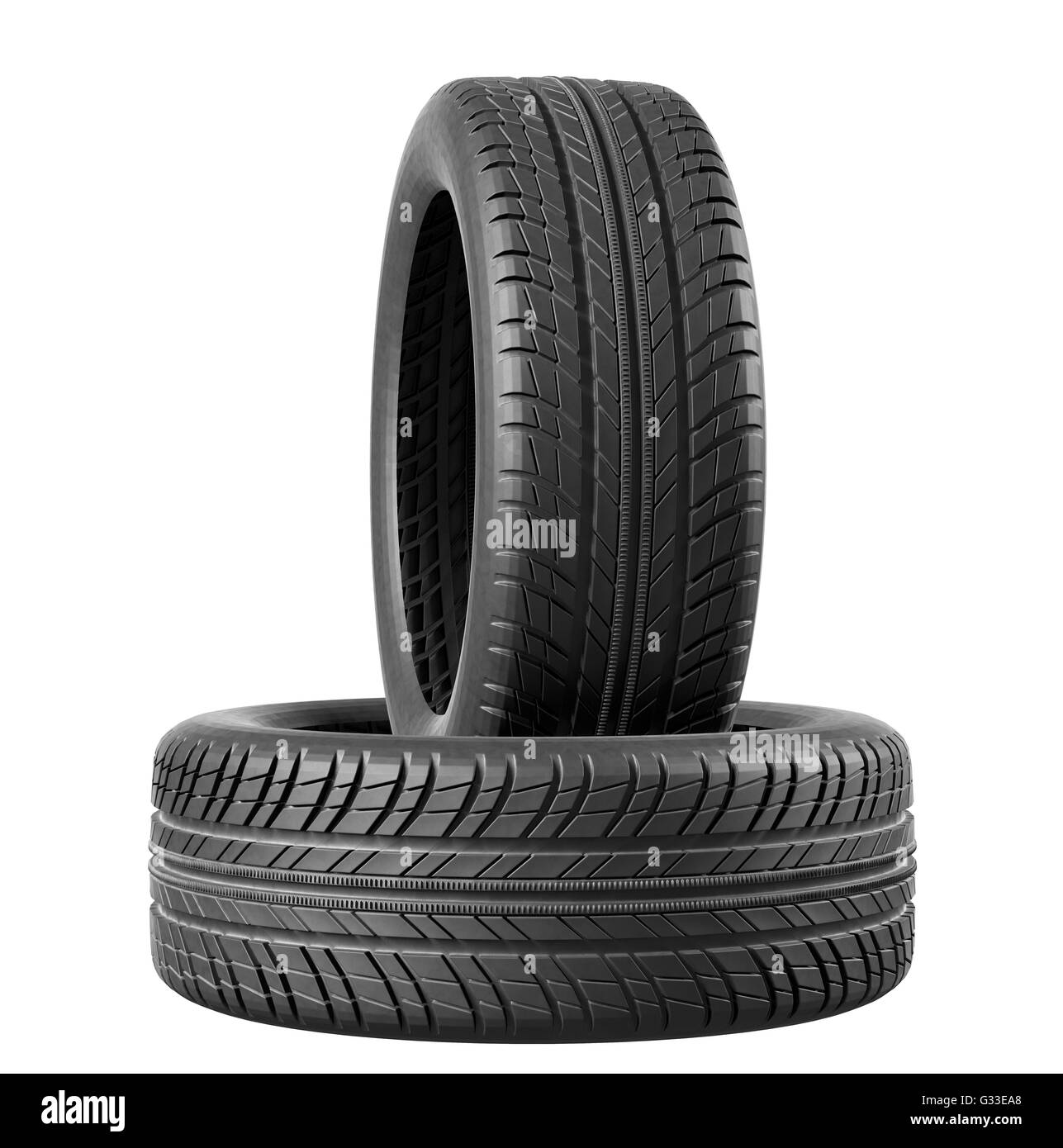 Deux nouveaux pneus auto close up sur fond blanc.  : Chemin de détourage. 3d illustration Banque D'Images
