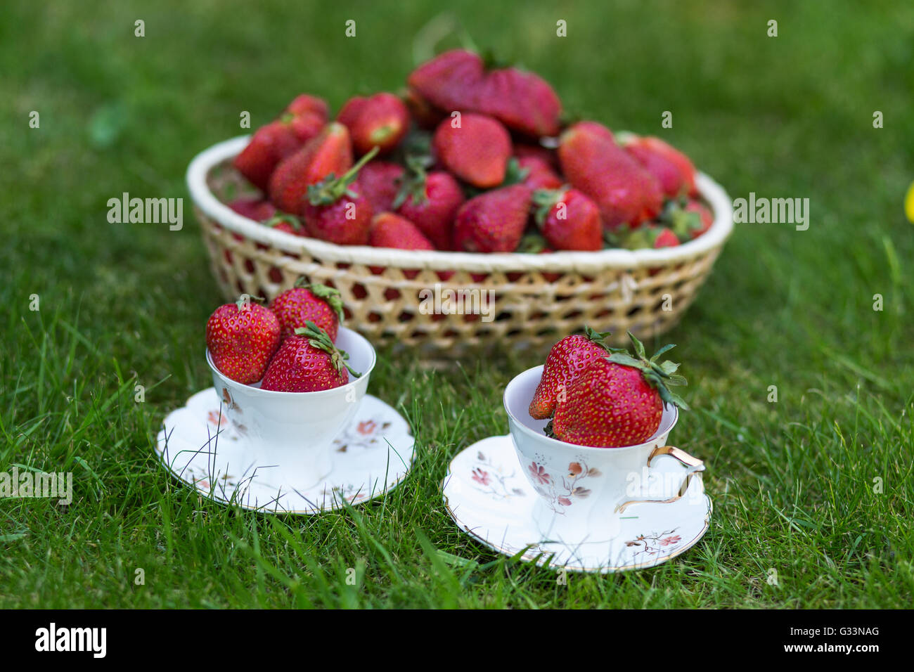 Dans un panier de fraises et de tasses à thé décorée, debout sur l'herbe verte. En dehors de l'été. L'idée de pique-nique. Banque D'Images