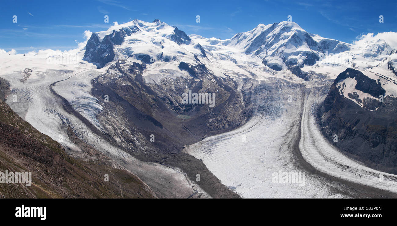 Confluence entre Gorner Grenz et Glaciers dans les Alpes suisses. Banque D'Images