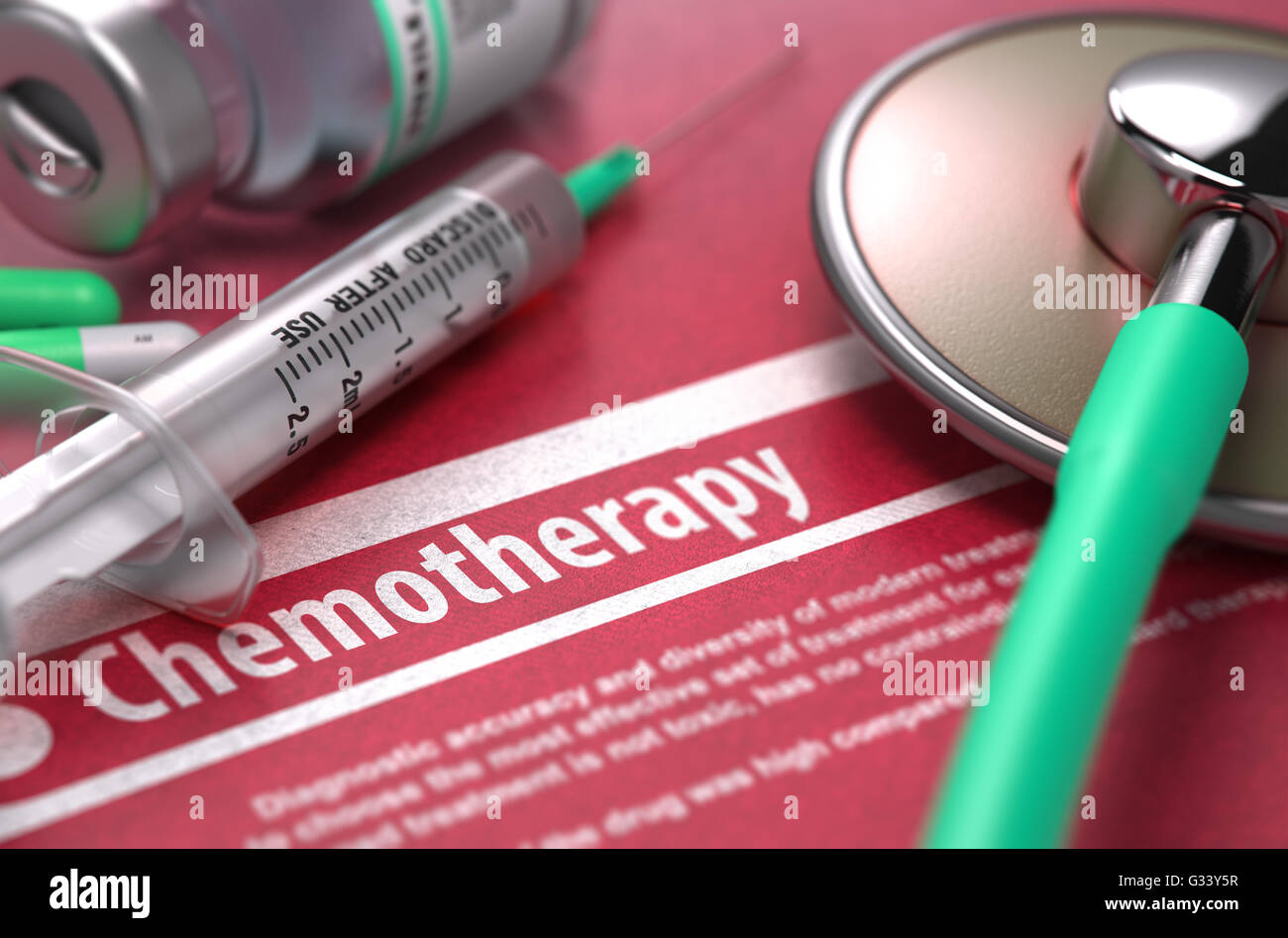 La chimiothérapie - Concept médical sur fond rouge. Banque D'Images