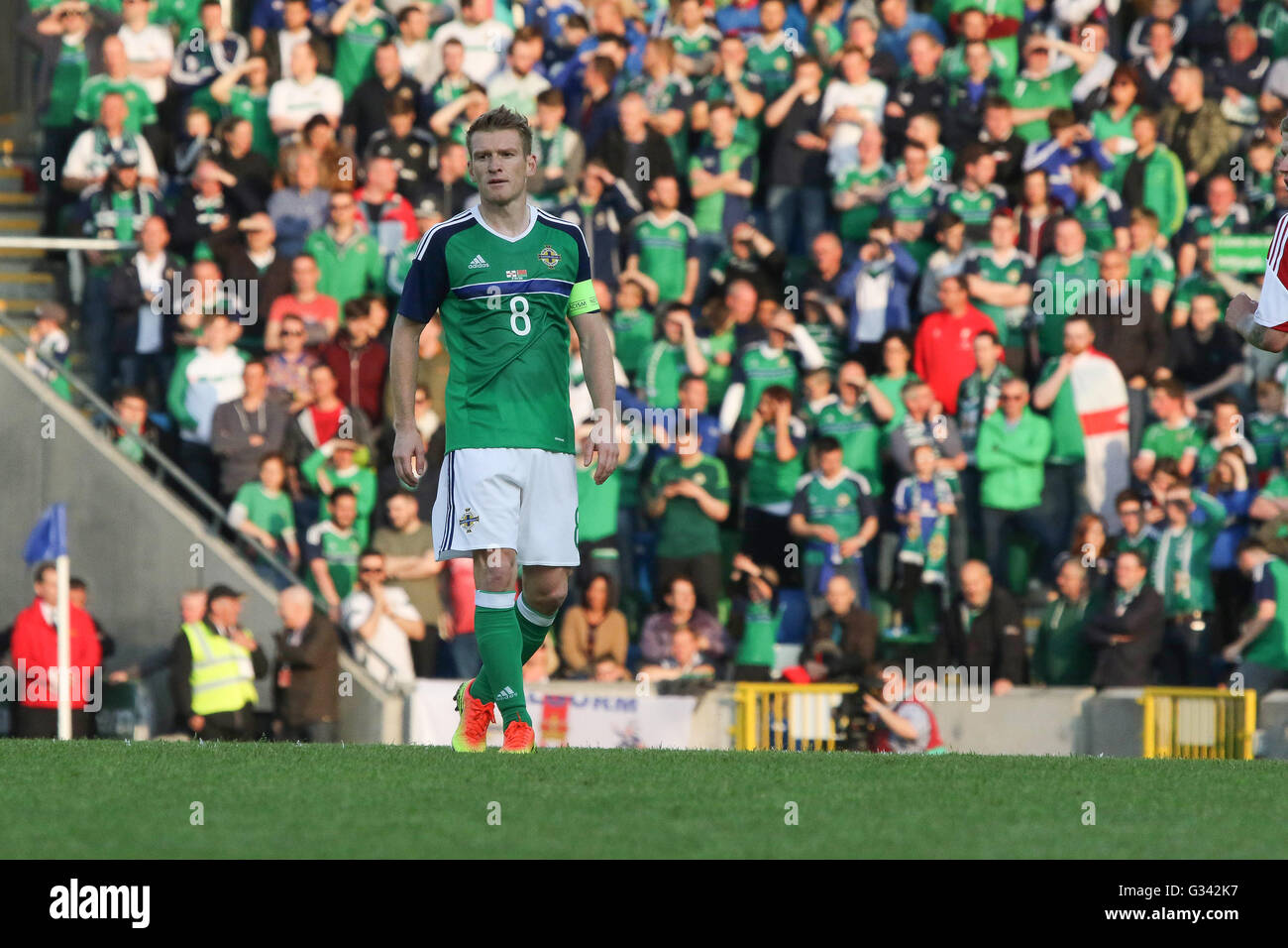 27 mai 2016 - Vauxhall Défi International (Friendly). L'Irlande du Nord 3 Belarus 0. L'Irlande du Nord le capitaine Steven Davis (8) en action. Banque D'Images