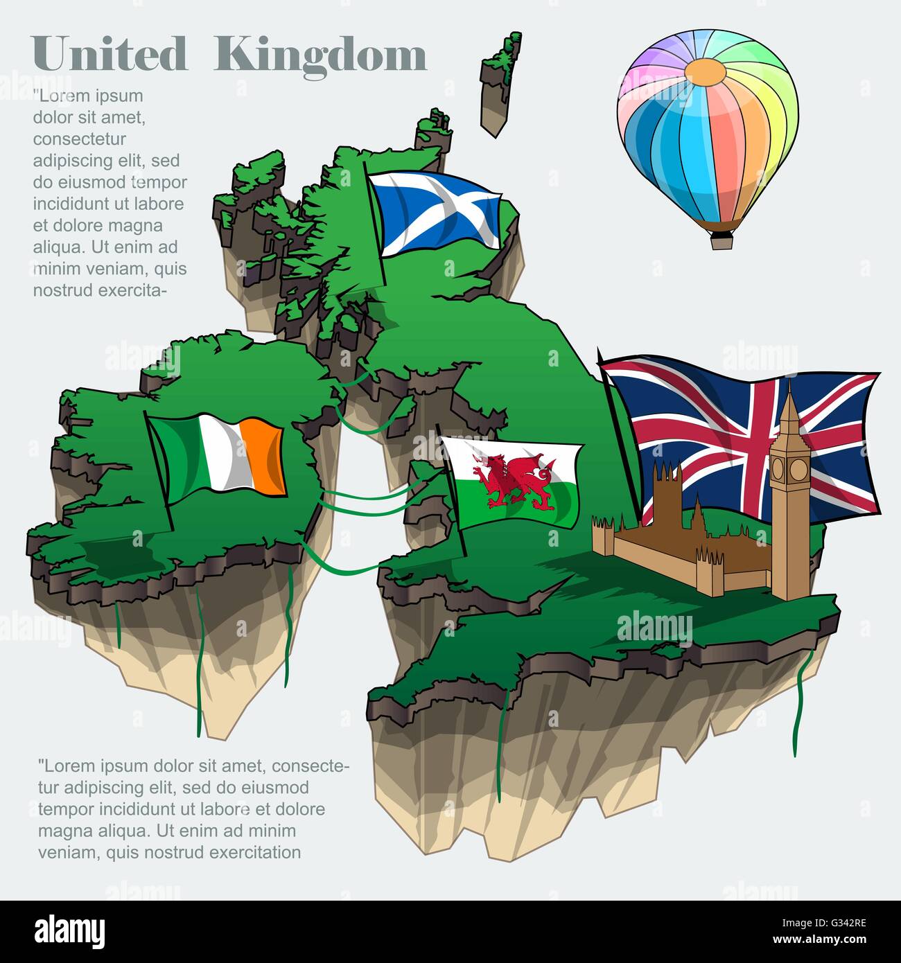 Royaume-uni pays infographie carte en 3d avec forme pays volant dans le ciel avec les nuages, grand pavillon de l'Irlande et l'Ecosse Illustration de Vecteur