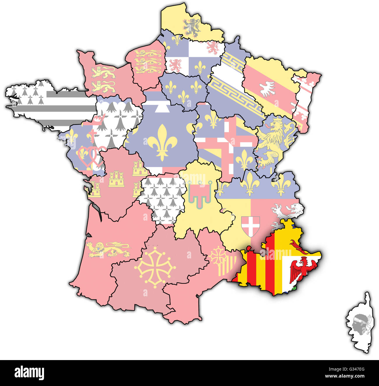 Provence-Alpes-Côte d'Azur sur la vieille carte de France avec les drapeaux des divisions administratives Banque D'Images