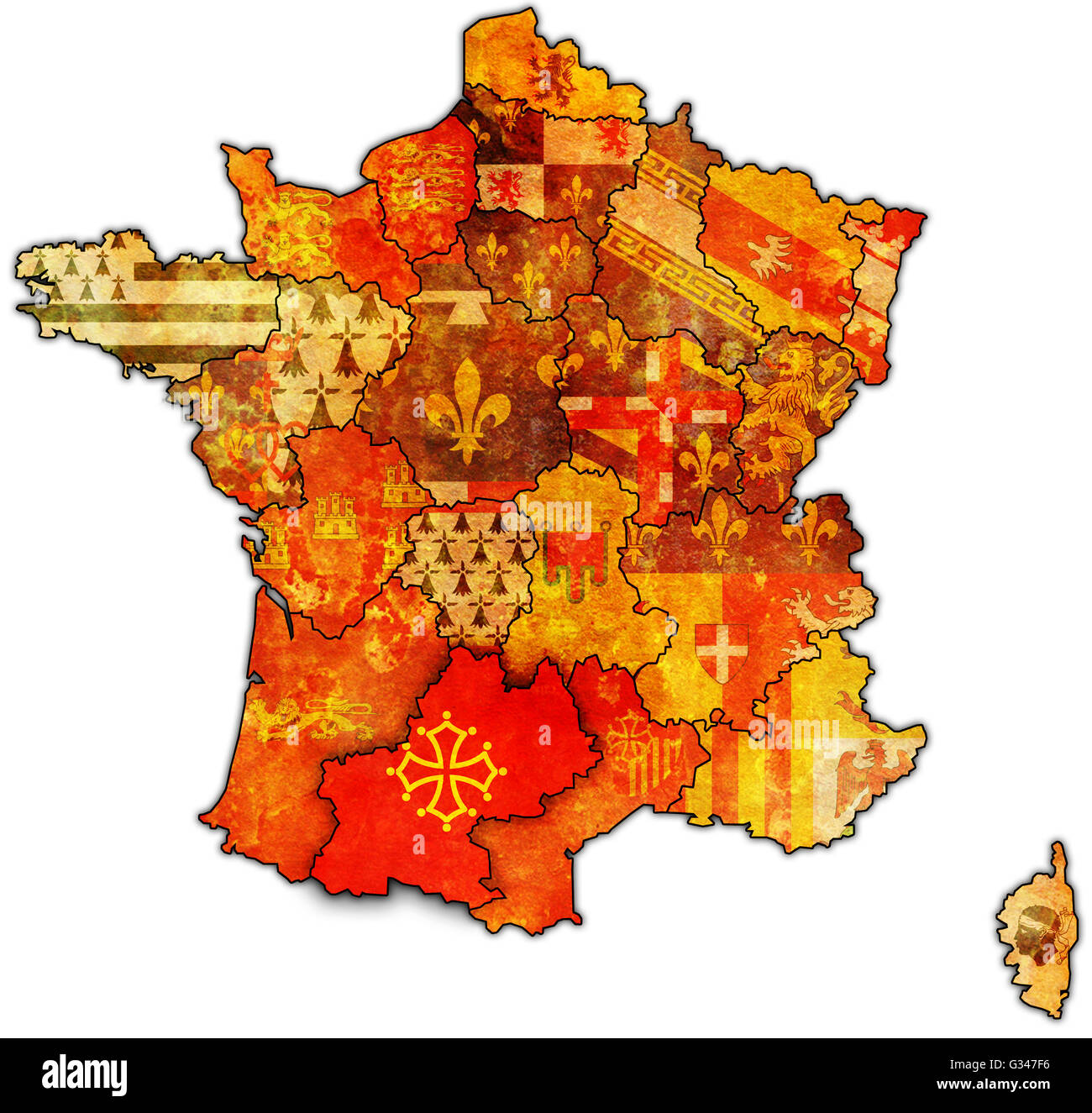 Midi-Pyrénées sur ancienne carte de France avec les drapeaux des divisions administratives Banque D'Images