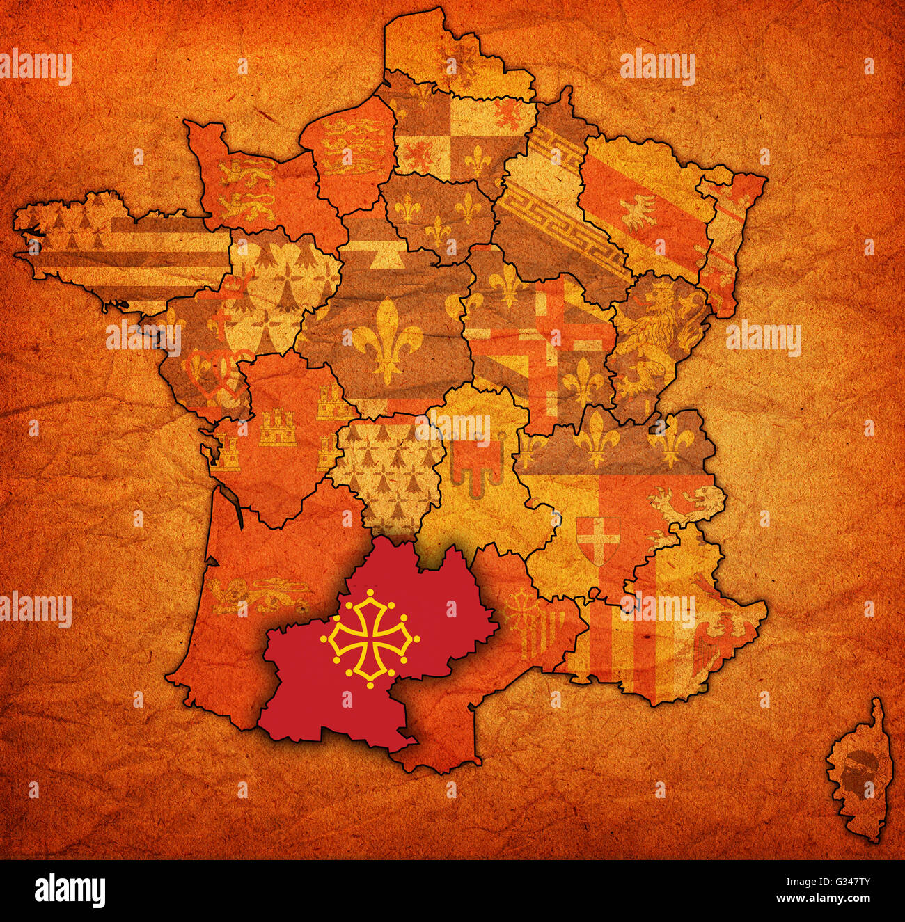 Midi-Pyrénées sur ancienne carte de France avec les drapeaux des divisions administratives Banque D'Images