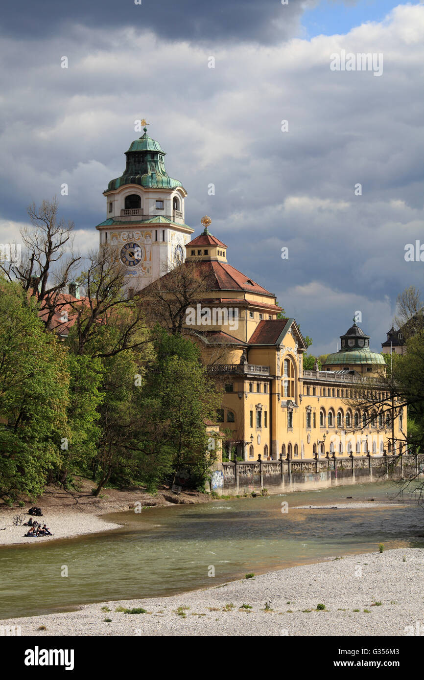 Germany, Bavaria, Munich, le fleuve Isar, Müller'sches Volksbad, établissement de bains, Banque D'Images