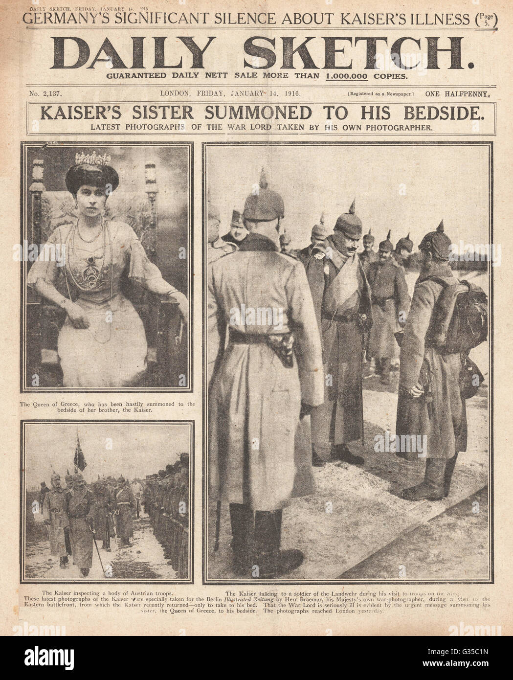 1916 Daily Sketch la reine Sophia de Grèce visite le Kaiser Wilhelm Banque D'Images