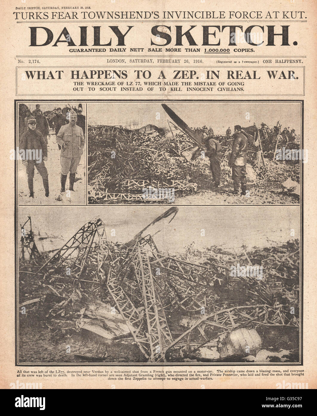 1916 Daily Sketch Zeppelin LZ77 détruit pendant la bataille de Verdun Banque D'Images