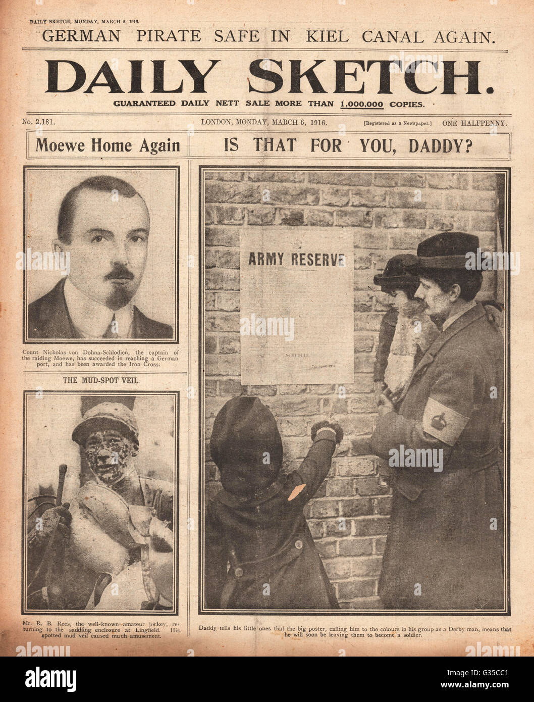 1916 esquisse quotidienne le père et les enfants regardent l'affiche de recrutement Banque D'Images