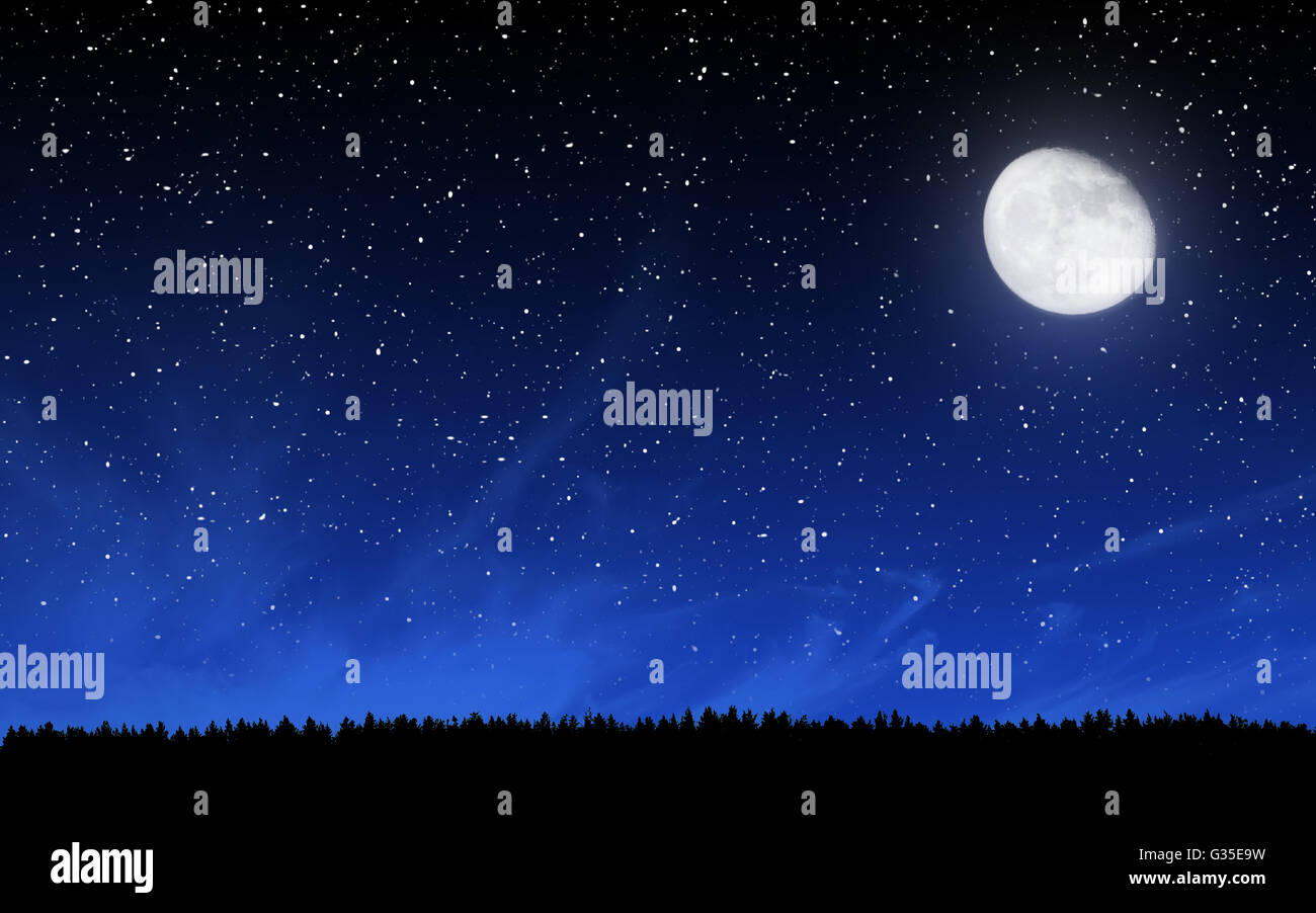 Ciel de nuit profonde avec beaucoup d'étoiles et de lune sur fond de forêt Banque D'Images