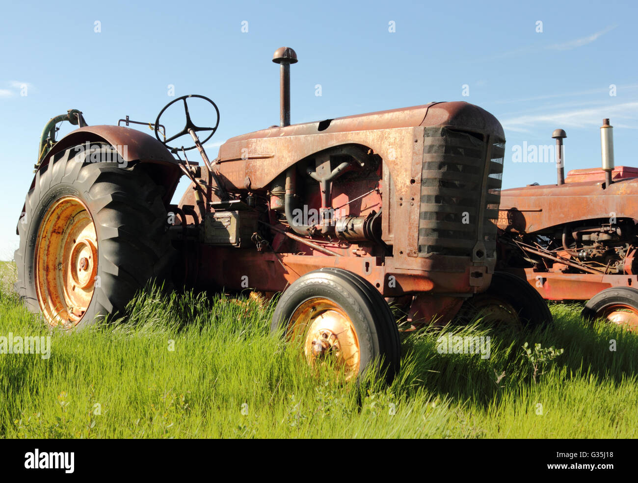 Un ancien tracteur Massey Harris sur une ferme en Alberta, Canada. Banque D'Images