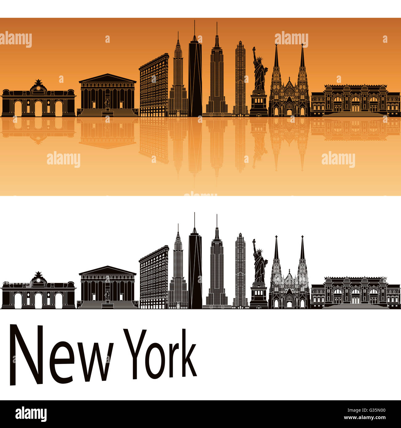 Toits de New York en fond orange en fichier vectoriel éditable Banque D'Images