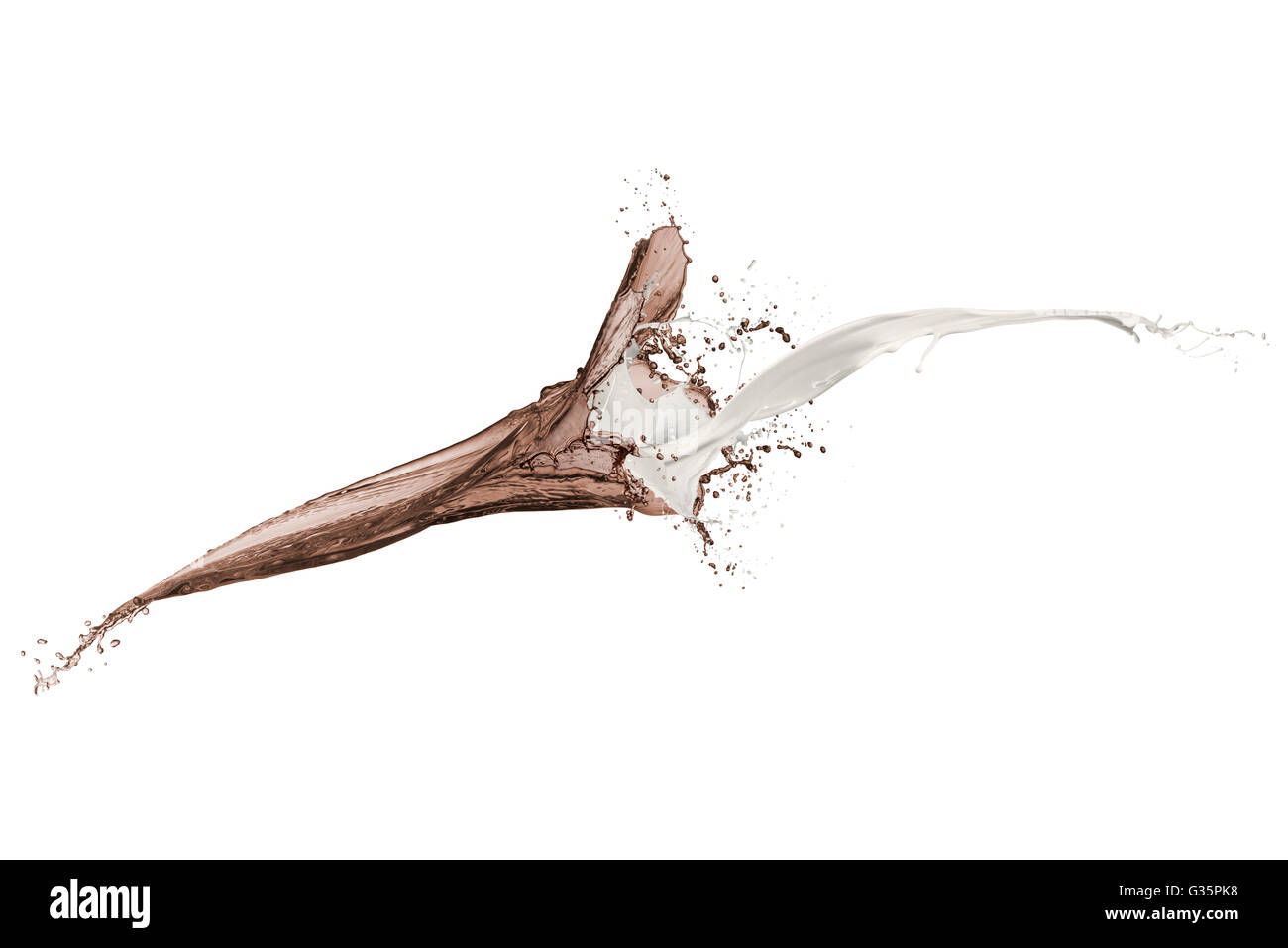 Du lait et du café aux éclaboussures des vagues isolated on white Banque D'Images