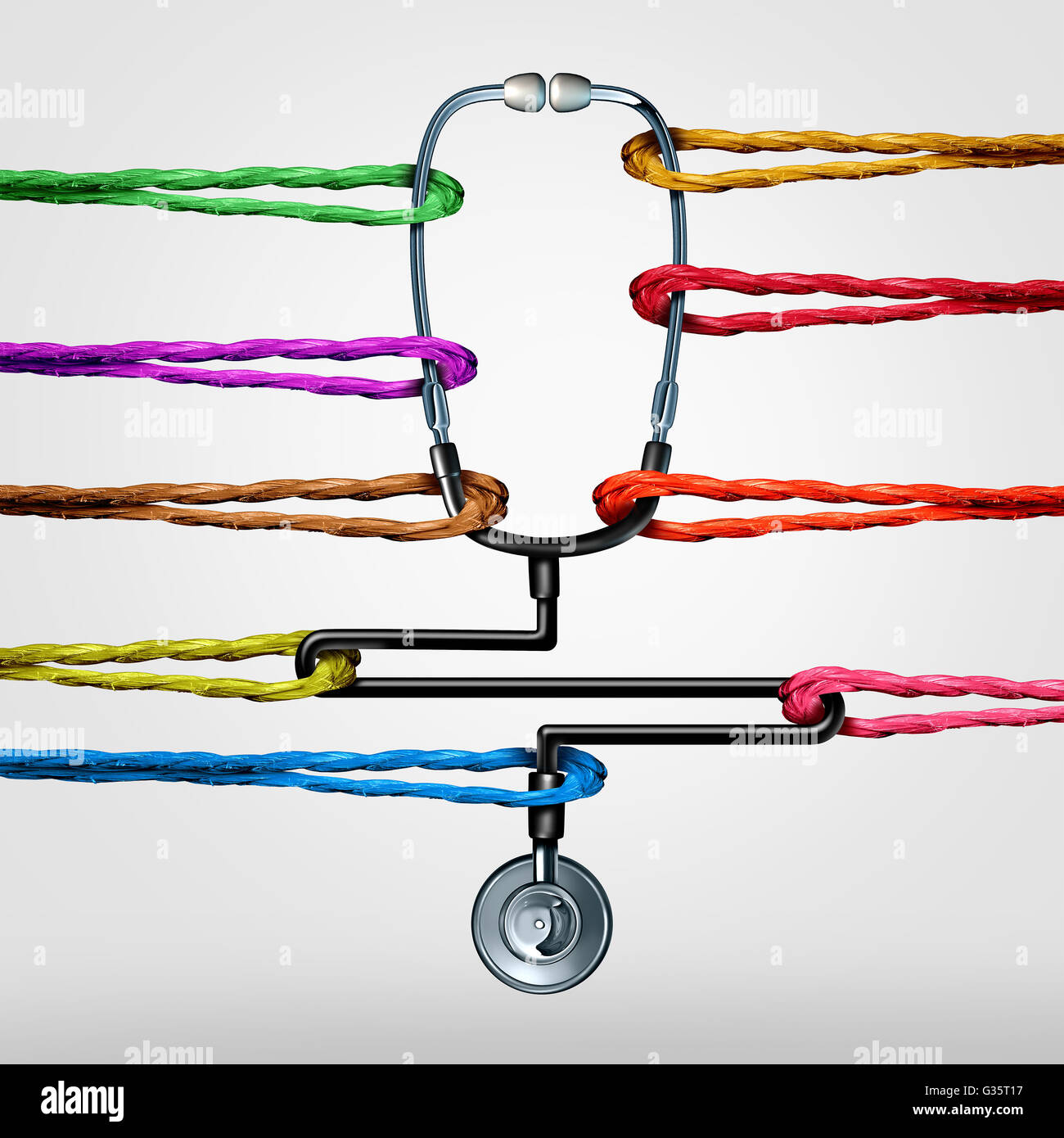 L'appui des soins de santé communautaires en tant que médecin stéthoscope tiré par des cordes de couleurs différentes comme une métaphore pour la médecine ou médecine Banque D'Images
