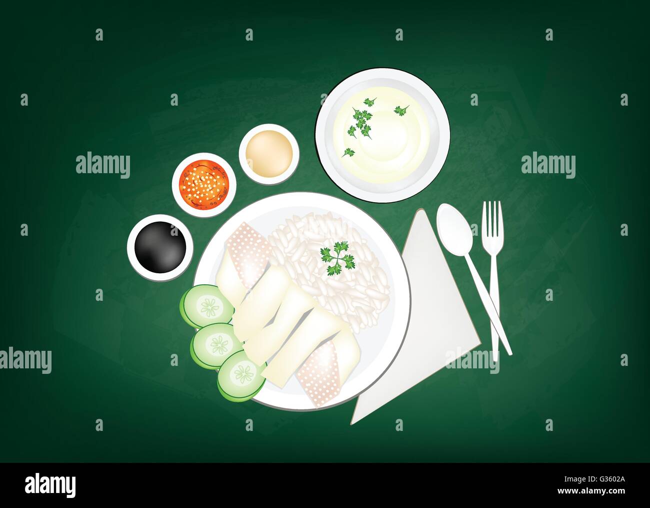 Cuisine et nourriture, le riz de poulet Hainanese servi avec soupe claire et la sauce verte sur tableau. L'un des aliments les plus populaires dans Illustration de Vecteur