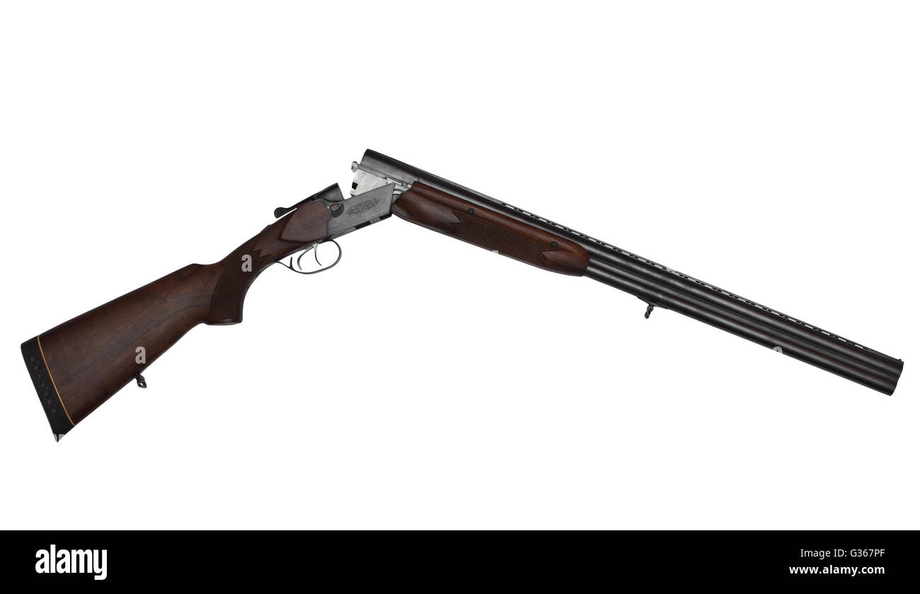 Ouvert double fusil de chasse isolé sur fond blanc Banque D'Images