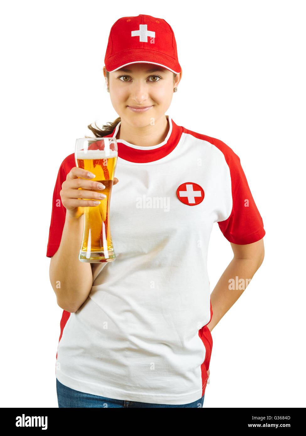 Photo d'un sportif suisse fans tenant une bière et pour encourager son équipe isolated over white background. Banque D'Images