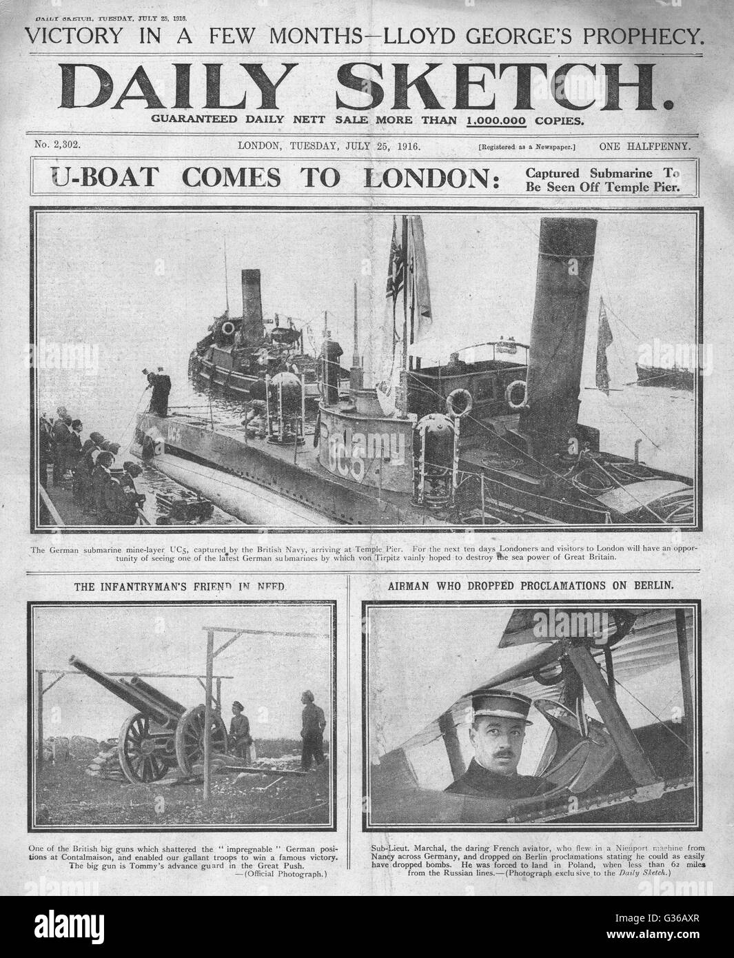 1916 Daily Sketch a capturé U Boat sur la Tamise Banque D'Images