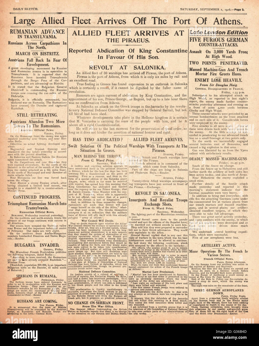 1916 1916 la flotte Daily Sketch Allied débarque d'Athènes Banque D'Images