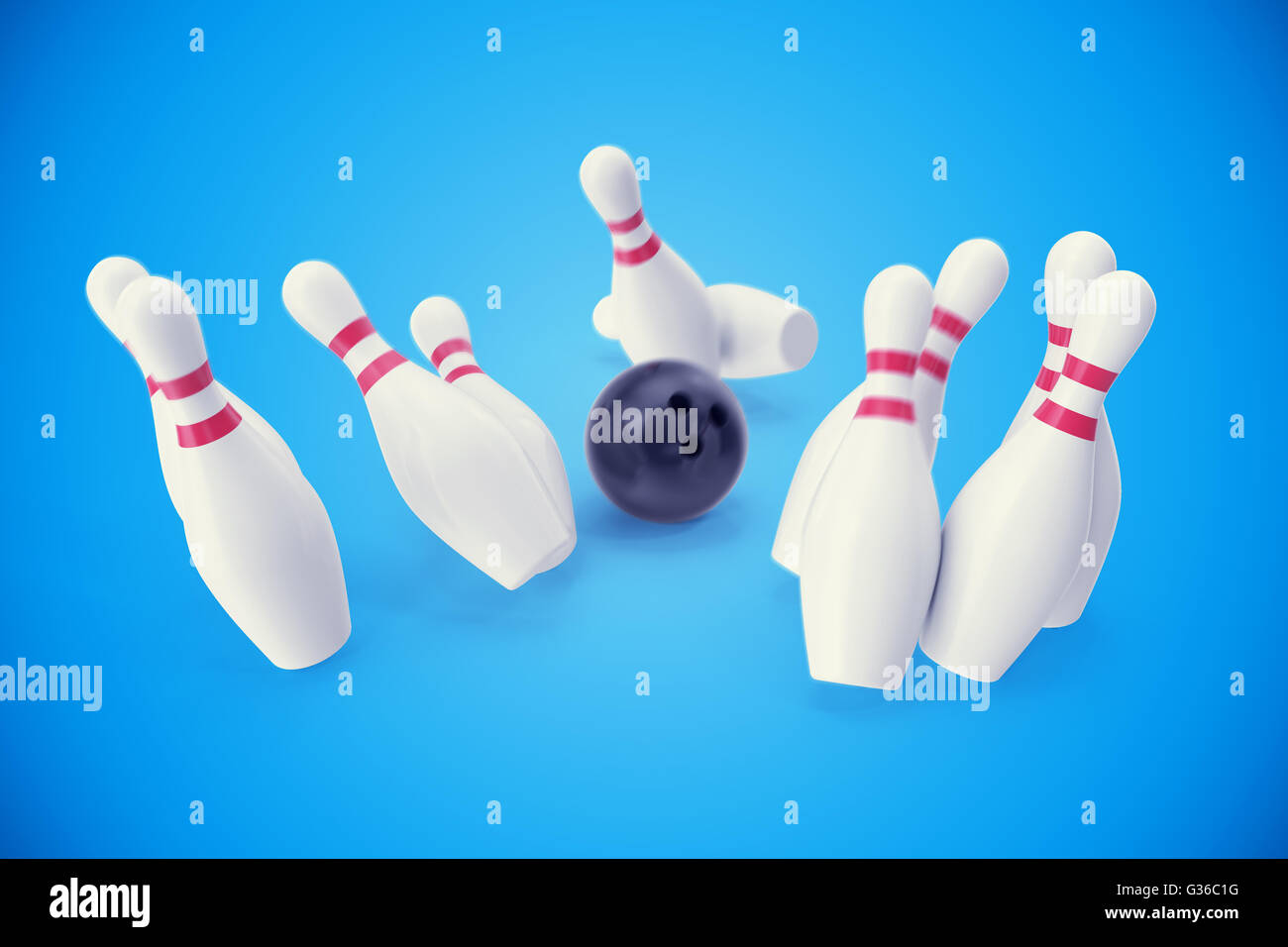 Jeu de bowling, boule noire s'écraser dans les quilles. 3d illustration Banque D'Images