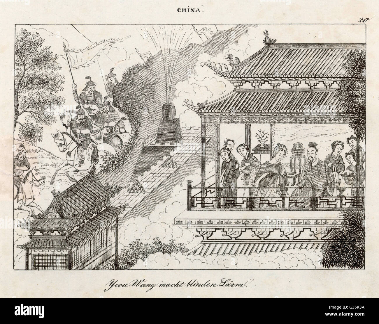 L'Empereur Chinois Wang Yeou (dynastie Zhou) utilise la poudre pour faire de grands bruits pour divertir ses invités. Date : vers 781 - 771 av. Banque D'Images