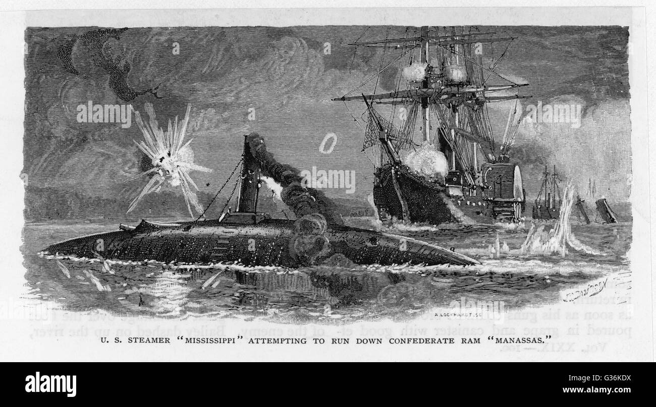 Le Mississippi steamships tente de la ram ram Manassas confédérés durant la guerre civile américaine Date : 1862 Banque D'Images