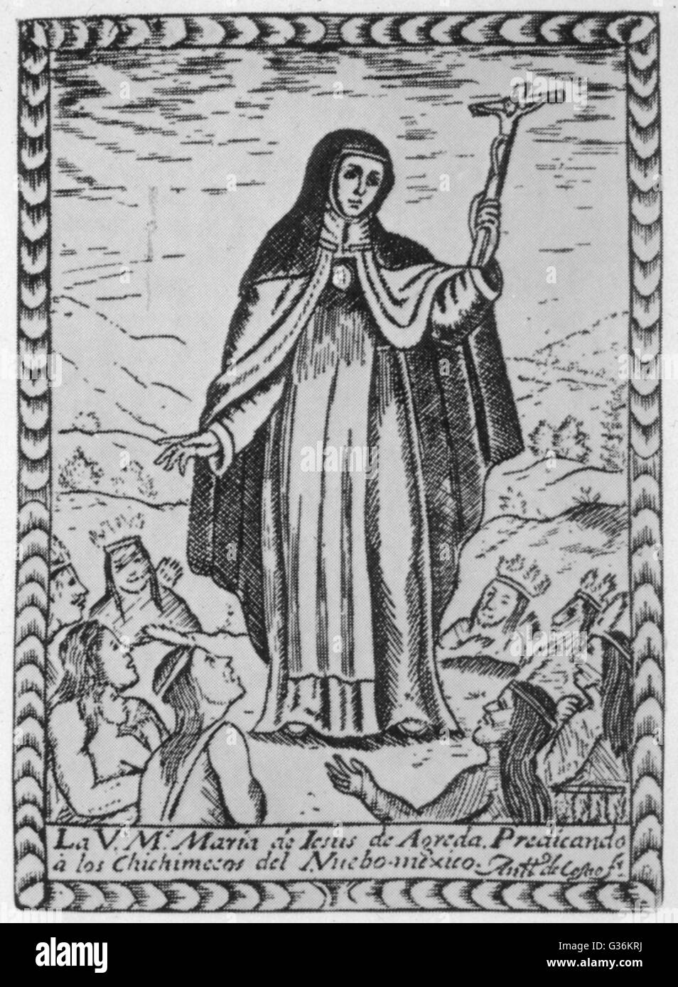 Maria, De Agreda (1602-1665) religieuse espagnole &AMP ; saint représenté ici prêchant aux Amérindiens tout en restant en Espagne Banque D'Images