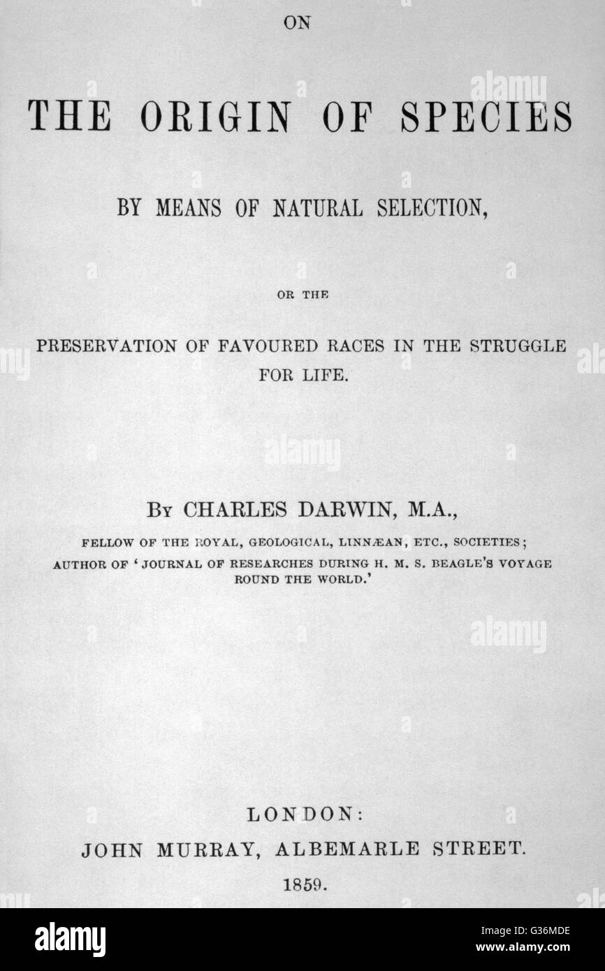 Page de titre de la Charles Darwin sur l'origine des espèces au moyen de la sélection naturelle Date : 1859 Banque D'Images