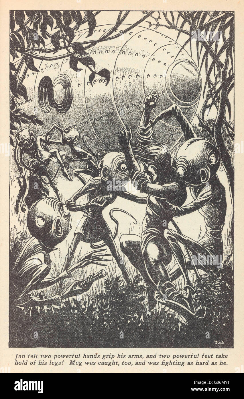 (Fiction) couple humain enlevé par des extraterrestres (scène de Don Un Stuart's "Les envahisseurs") Date : 1935 Banque D'Images