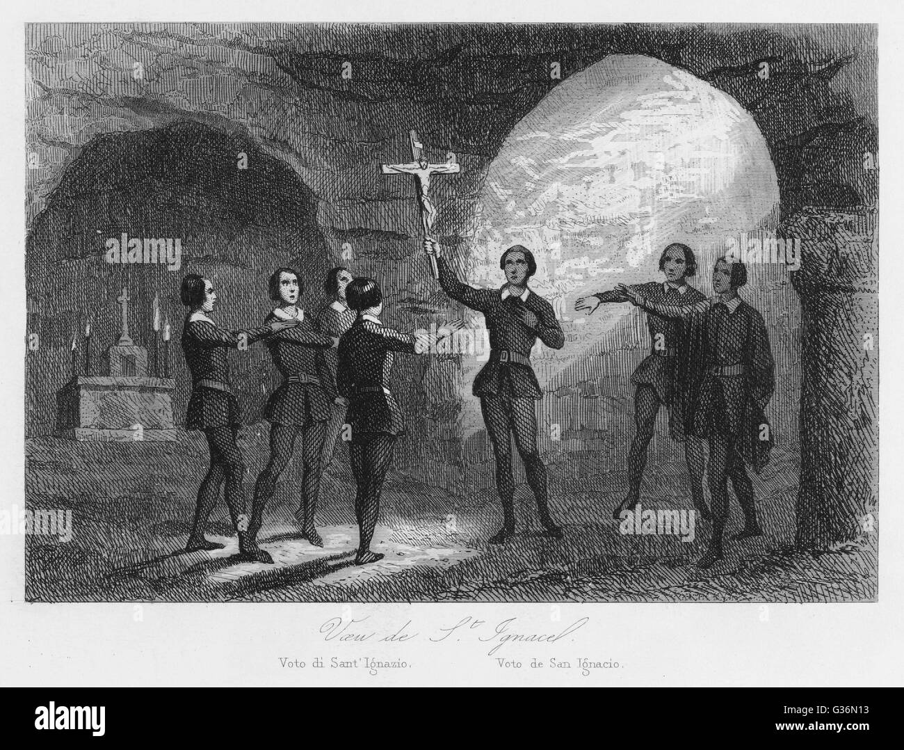 Fondation de l'ordre des jésuites dans une chapelle souterraine dans l'église de Saint Denis, Montmartre, près de Paris. Ignace de Loyola et six compagnons se consacrent à répandre la Parole de Dieu. Date : 1534 Banque D'Images