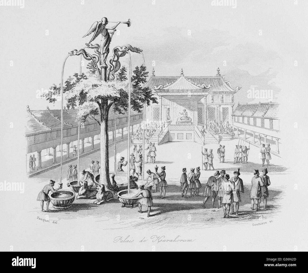 Vue de Karakorum, capitale de l'Empire mongol, et le palais de la Khans mongols, avec la célèbre fontaine de l'arbre d'argent sur la gauche. Date : 1254 Banque D'Images