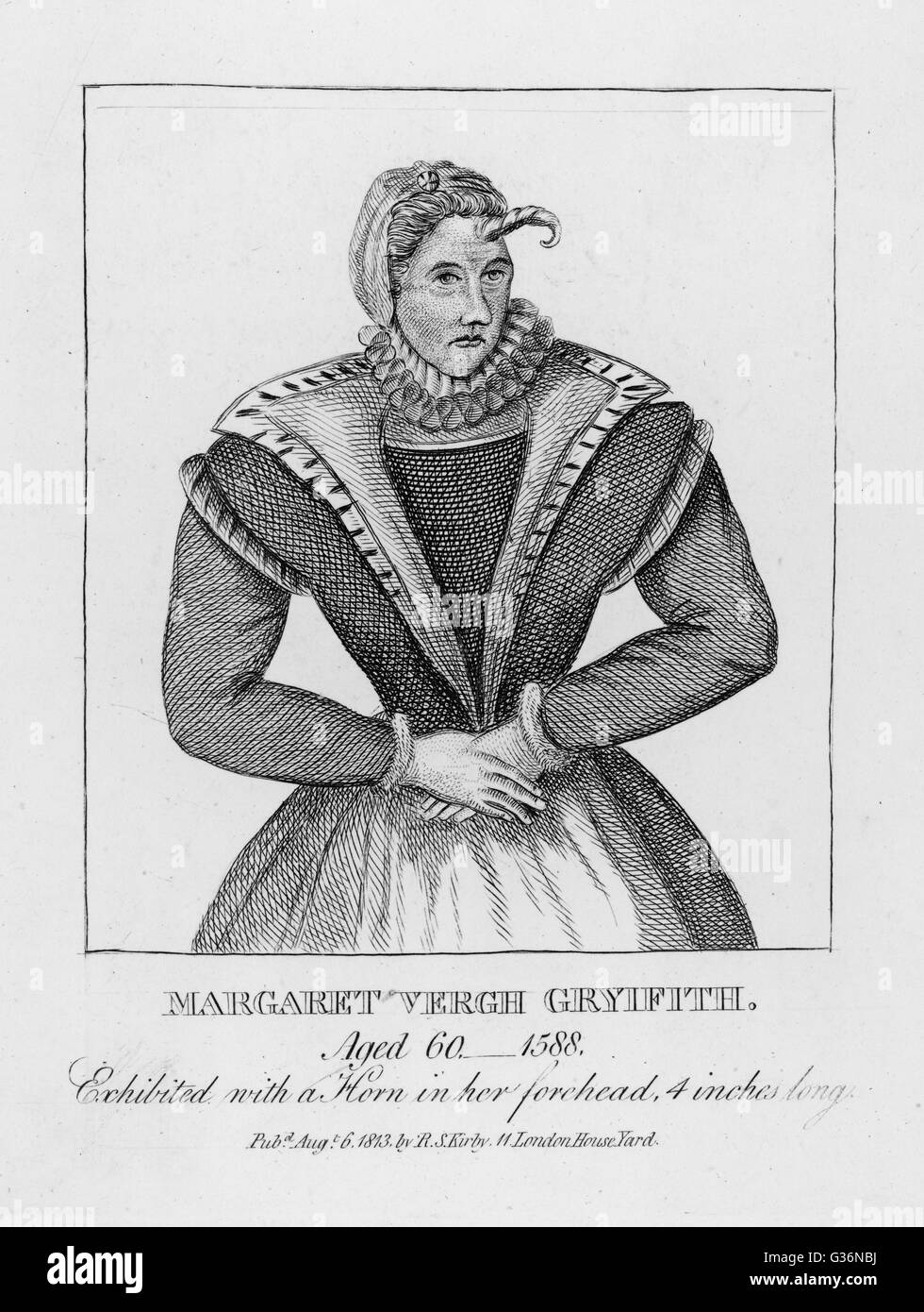 Margaret Vergh Gryffyth (1528-1588 +), Welsh femme qui expose elle-même avec un 10 cm de plus en plus de l'avertisseur sonore de son front. Date : vers 1580 Banque D'Images