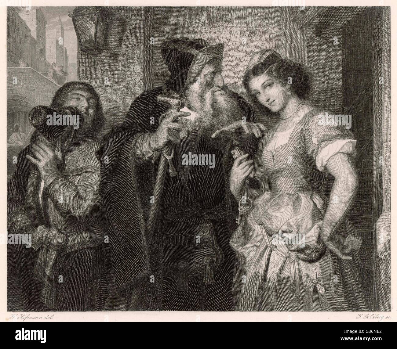 Une scène de la comédie de Shakespeare, le Marchand de Venise, Shylock représentant et sa fille Jessica. Banque D'Images