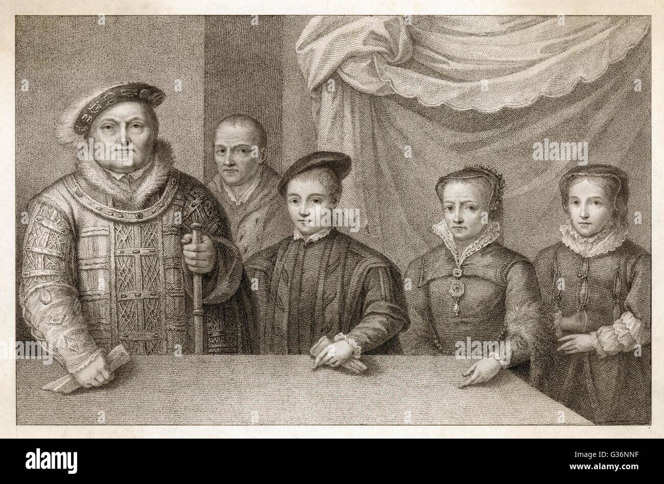 Le Roi Henry VIII (1491 - 1547) avec ses trois enfants, Edward (VI), Marie (I) et Elizabeth (I), avec le fou va Sommers se cache dans l'arrière-plan. Date : vers 1547 Banque D'Images