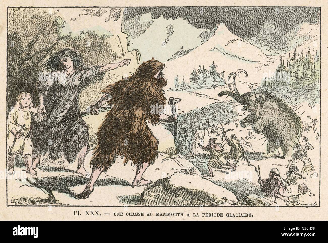 Chasse les gens pendant l'ère glaciaire de mammouth (ère Pléistocène). Date : vers 11 000 AV. Banque D'Images